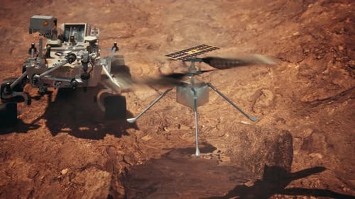Fahrzeug und Hubschrauber auf dem Mars auf der Suche nach Wasser