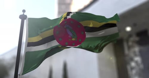 Dominica National Flag Waving with Sunlight Flare