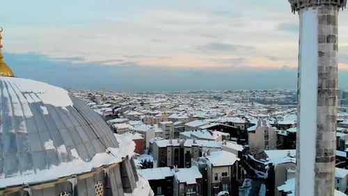 Aerial view of Istanbul mosque in snow