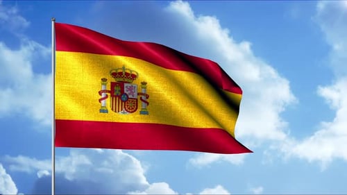 Realistic Waving Spanish Flag Against Blue Sky