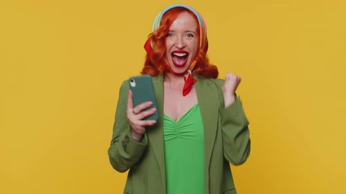 Happy Excited Woman Use Mobile Phone Say Wow Yes Found Out Great Big Win News Doing Winner Gesture
