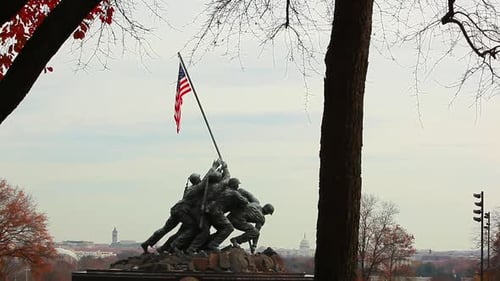 A static shot of the Marine Corps War Memorial.