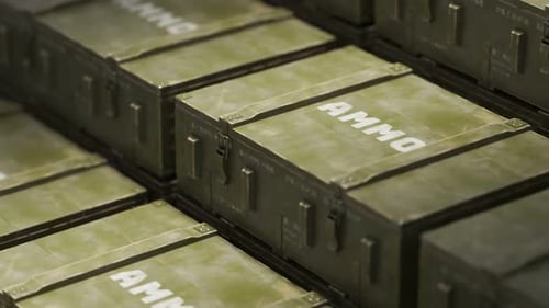 Huge array of closed wooden military boxes filled with ammunition. Loopable. 4K