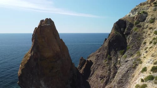 Aerial View From Above on Calm Azure Sea and Volcanic Rocky Shores