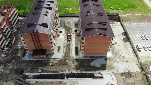 Obra
de construcción desde una altura. Sitio de construcción con vista aérea.