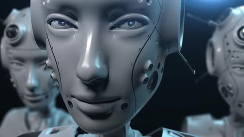 Drei Roboter beobachten die Geschehen. aus einem Weitwinkel-Nahaufnahme gefilmt