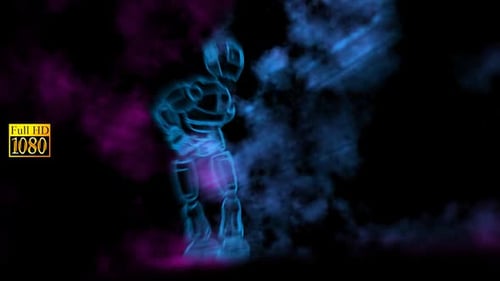 Dancing Robot in Neon Glow and Abstract Smoke