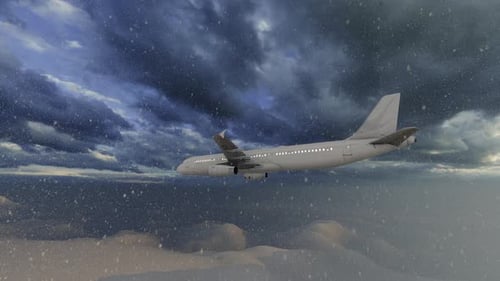 Airplane Flying Through a Snowstorm with Dark Clouds