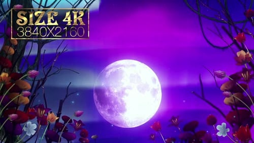 Glowing Full Moon in Stylized Night Garden with Flowers