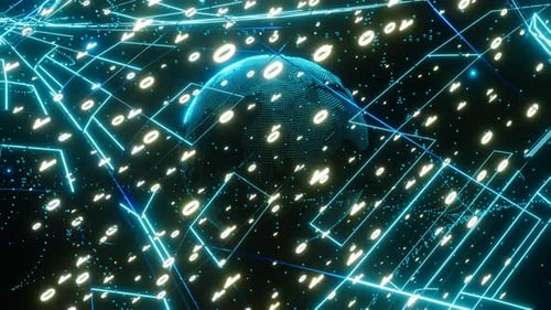 Artistic infographics binary numbers tunnel and Earth globe rotation. Technology Network