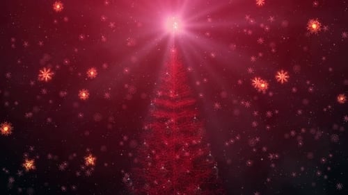 Glowing Red Christmas Tree with Falling Snowflakes Festive Animation