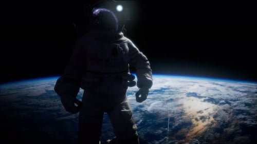 Futuristic Astronaut Observing Earth from Space with Cosmic Reflection