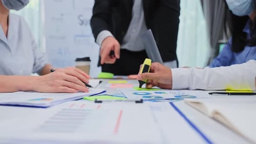 Close up Group of Business employee people meeting brainstorm and work in office workplace.