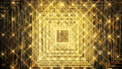 Golden Geometric Square Tunnel Loop with Sparkling Particles
