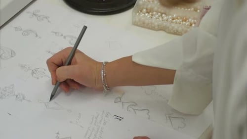 Overhead View Looking Down Jewelry Designer in Studio Sketching Out Designs