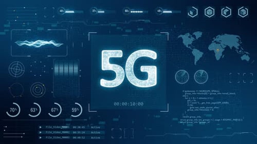 Blue digital 3D 5G logo with head up display and futuristic technology abstract background