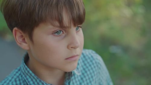 Portrait of School Boy Thinking Outdoors. 9 Year Old Kids Face with Green Eyes.