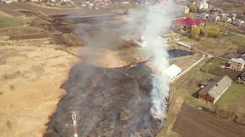 Aerial view of a field with dry grass set on fire with orange flames and high column of smoke.