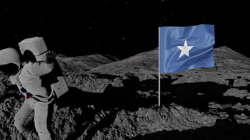 Astronaut Plants Waving Flag on Moon Surface