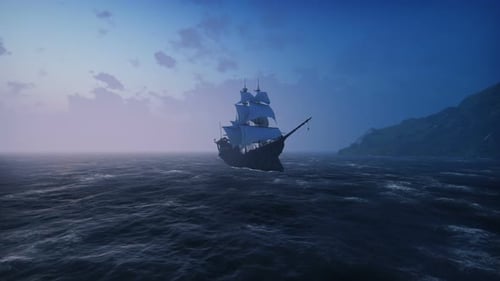 Mittelalterliches Schiff im Nebel