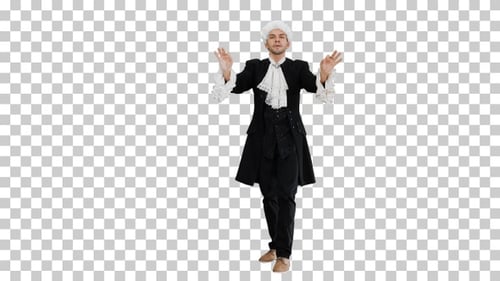 Man dressed like Mozart expressively finishing, Alpha Channel