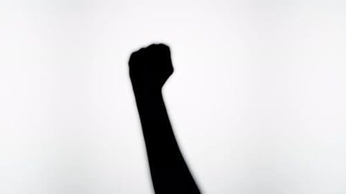 Silhouette of Raised Fist Hand Against White