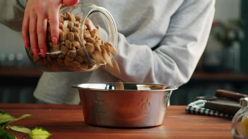 Putting Dried Dog Food in Metal Bowl Closeup Granules