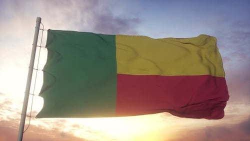 Realistic Waving Flag of Benin Against Sunset Sky