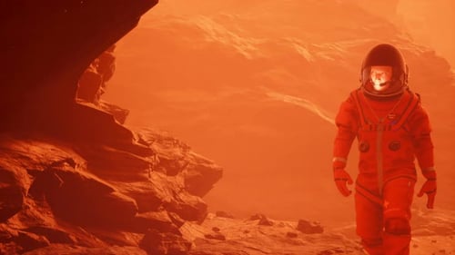 Futuristic Astronaut Exploring a Desolate Red Martian Landscape