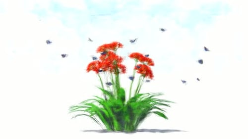 Animated Sketch of Red Flowers with Flying Butterflies