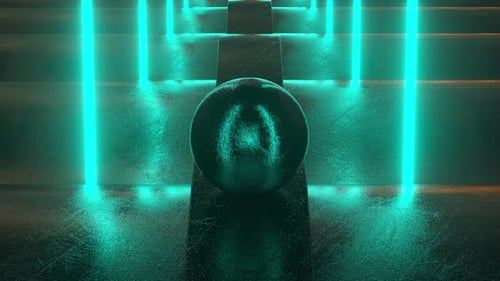 Uma animação de renderização 3D em loop de bola preta metálica danificada deslizando na cena de ficção científica com luz de néon