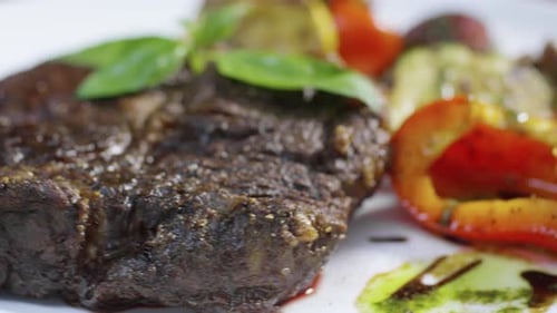 Juicy Steak with Grilled Vegetables on Plate