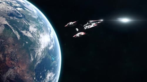 Futuristic Spaceship Flyby Near Earth and Moon