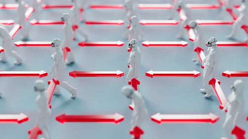 Social Distancing Concept with Masked People and Arrows