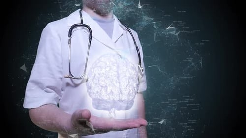 doctor in futuristic suit examining a brain hologram