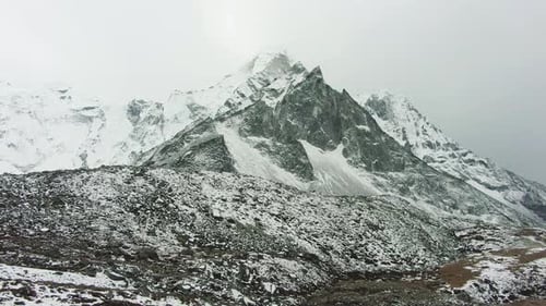 Ama Dablam Mountain and Cloudy Sky. Himalaya, Nepal. Aerial View