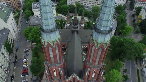 Drone Aerial Video of the Catholic Church in Warsaw Poland