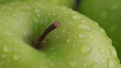 Nahaufnahme von grünem Apfel mit Wassertropfen