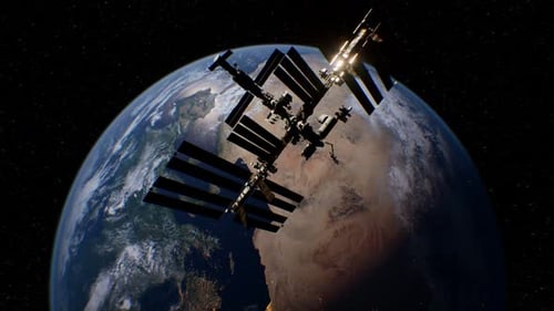 Internationale Raumstation im Weltraum über der Erdumlaufbahn des Planeten