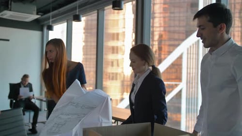 Engineer Team Colleagues Work Office Discuss Building Plan Design Project.