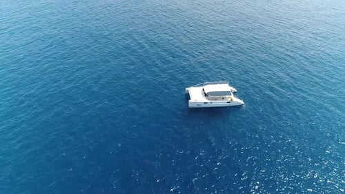 White Catamaran Boat Sailing on Tranquil Blue Ocean