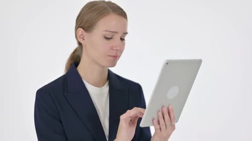 Young Adult Woman Using Tablet on White Background
