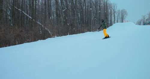 Snowboarder Descends Slope on a Cloudy Winter Day