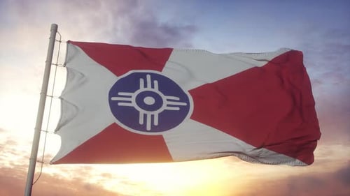 Wichita Kansas City Flag Waving in Realistic Sunset