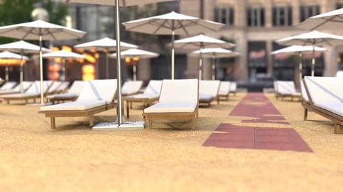 Wooden Beach Chairs and Umbrellas Near the Hotel