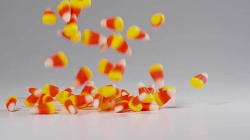 Time for Halloween. Delicious candy corn falls in slow motion.