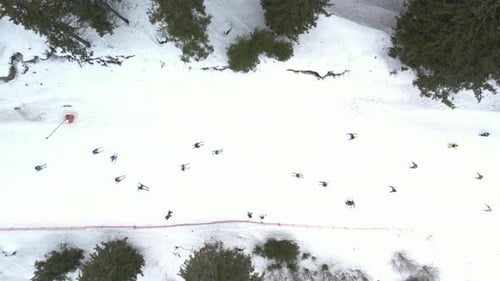 Aerial View Of Skiers And Snowboarders On Ski Slope