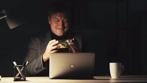Night Office Dinner Funny Man Enjoying Meal Eating