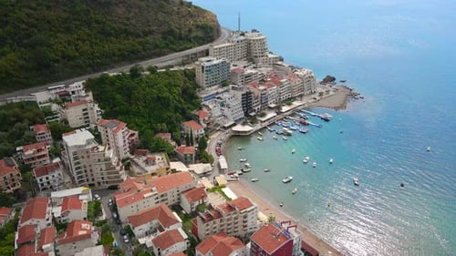 Aerial Shot of the Becici or Bechichi a District of the City of Budva Famous Tourist City in