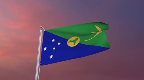 Christmas Island Flag Waving Seamlessly with Sunset Background